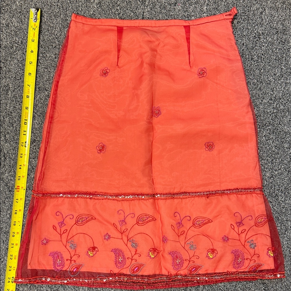Embroidered Coral Midi Skirt with Sequin Trim- made in India